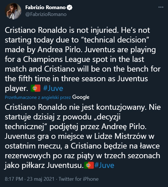 DLATEGO Ronaldo usiadł dziś na ławce rezerwowych...